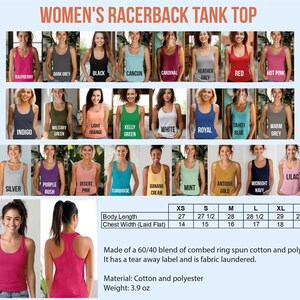 The image is a collage of various women's tank tops in different colors and styles, along with a size chart and a description of the material used.