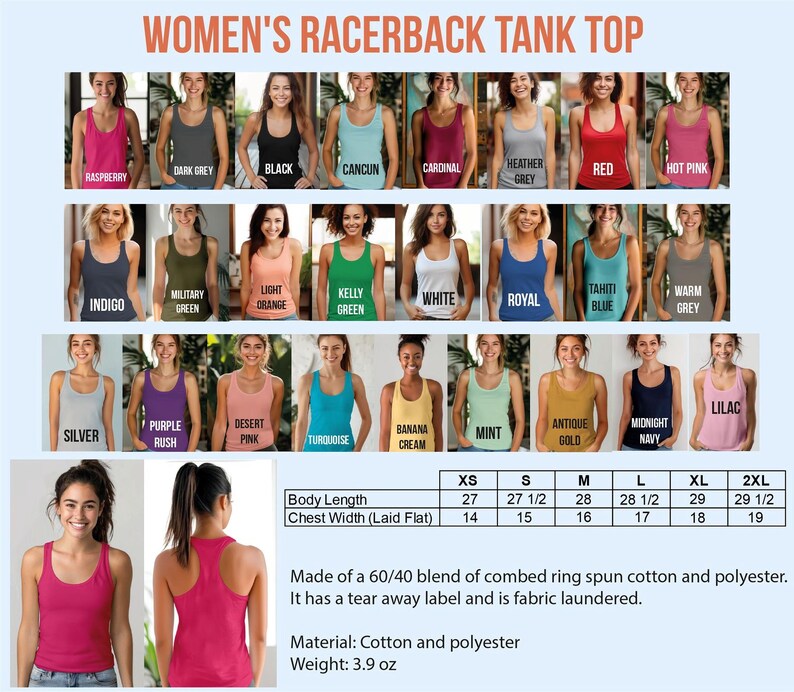 The image is a collage of various women's tank tops in different colors and styles, along with a size chart and a description of the material used.