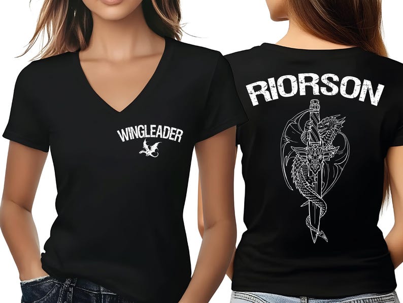 A woman wearing a black t-shirt with the text "WINGLEADER" printed on it, along with a graphic of a dragon.