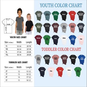 The image is a colorful chart that provides size charts for both youth and toddler t-shirt designs. The chart includes various t-shirt designs in different colors and sizes, along with corresponding measurements for each design.