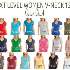 The image is a color chart featuring various women's v-neck tops in different colors, including red, blue, green, silver, royal, military green, midnight navy, kelly green, indigo, hot pink, heather grey, desert pink, banana cream, black, and white.