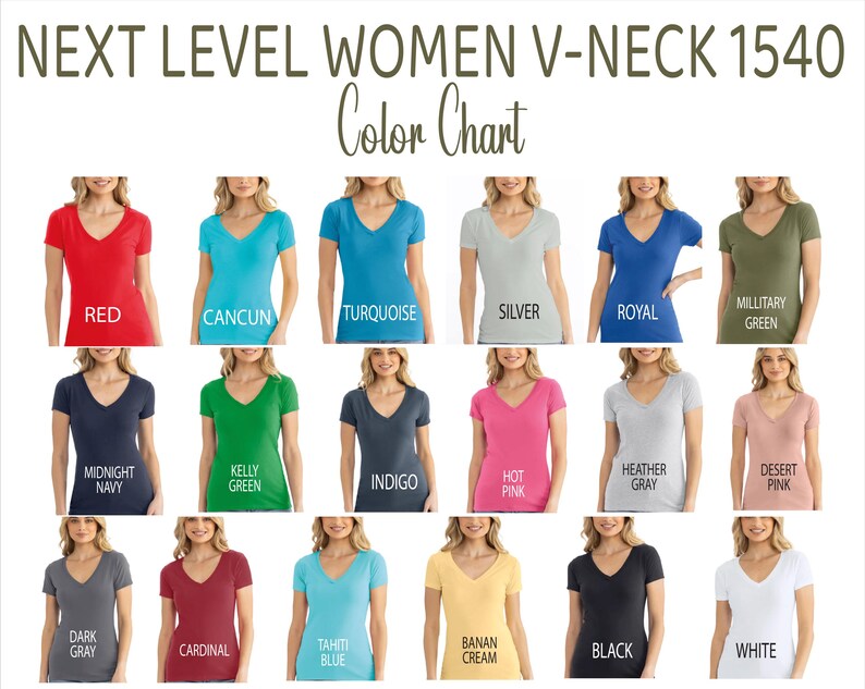 The image is a color chart featuring various women's v-neck tops in different colors, including red, blue, green, silver, royal, military green, midnight navy, kelly green, indigo, hot pink, heather grey, desert pink, banana cream, black, and white.