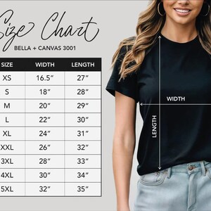 The image is a size chart for a black t-shirt, showing the measurements for different sizes. The chart includes a woman wearing the t-shirt and the corresponding measurements for each size.
