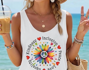 Inclusion Kindness Tank V-Neck, Rainbow Peace Sign Shirt, Equality Love Top