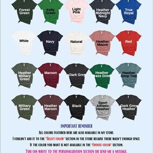 The image is a color chart for a collection of t-shirts, displaying various colors and their corresponding names.