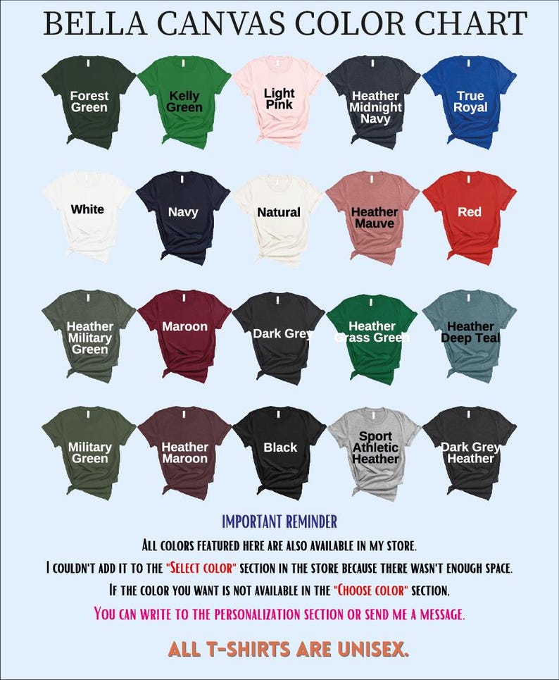 The image is a color chart for a collection of t-shirts, displaying various colors and their corresponding names.