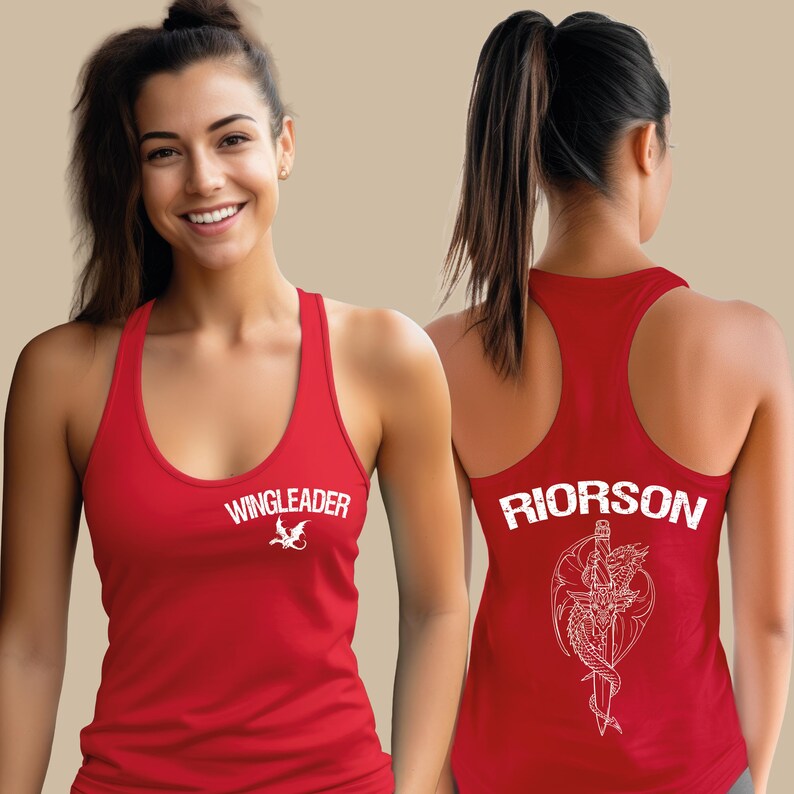 A smiling woman wearing a red tank top with the text "WINGLEADER" printed on it.