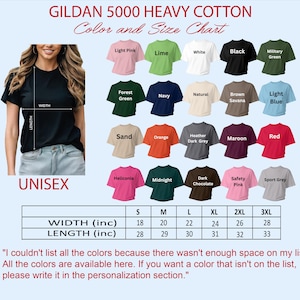 The image is a color and size chart for a heavy cotton t-shirt, featuring a woman wearing a black t-shirt and various t-shirt designs in different colors and sizes.