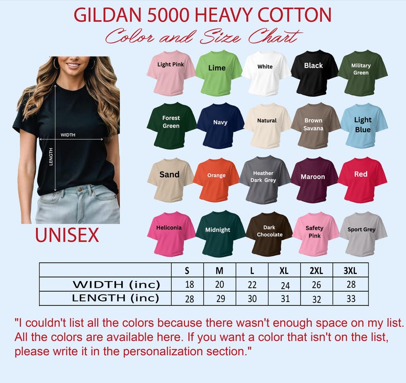 The image is a color and size chart for a heavy cotton t-shirt, featuring a woman wearing a black t-shirt and various t-shirt designs in different colors and sizes.