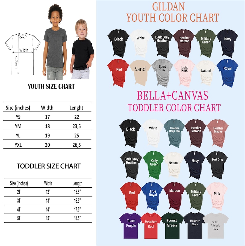 The image is a colorful youth size chart and toddler color chart, providing sizes and color options for various clothing items such as t-shirts, t-shirts, and shirts.