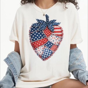 Faux Yarn Patriotic Strawberry Shirt, 4th Of July Tee, Americana Patchwork USA Top