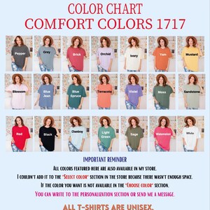 The image is a color chart displaying various comfort colors, including Pepper, Gray, Orange, Yellow, Mustard, Blue, Purple, Moss, Sandstone, Pink, Black, Green, and White. The chart also includes a reminder that all colors featured in the store are available, and the person can choose their preferred color. The image is a collage of multiple photos of women wearing different colored t-shirts, and it does not contain any text.