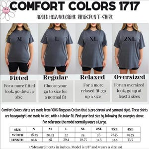 The image is a collage of four photos showing different sizes of adult heavyweight ringspun t-shirts, labeled with the corresponding size and style.