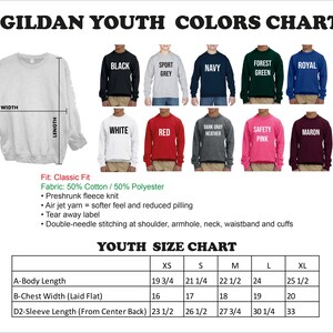 The image is a color chart for Gildan youth sweatshirts, displaying various colors and sizes.