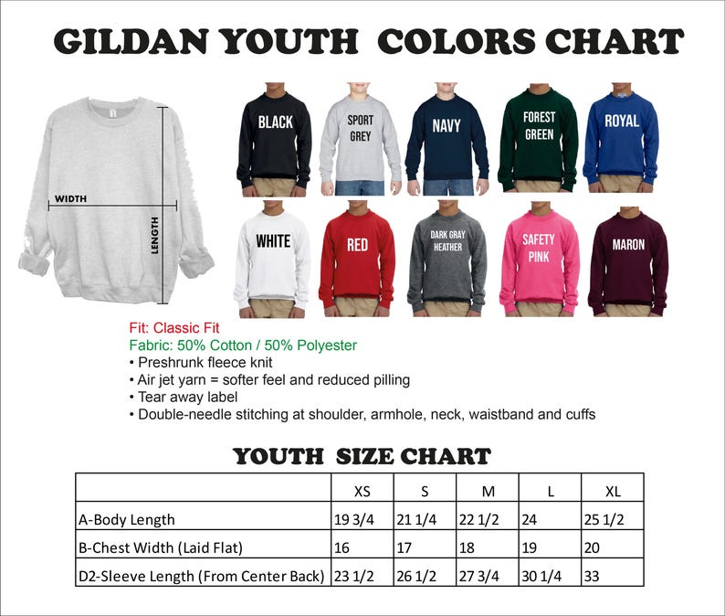 The image is a color chart for Gildan youth sweatshirts, displaying various colors and sizes.