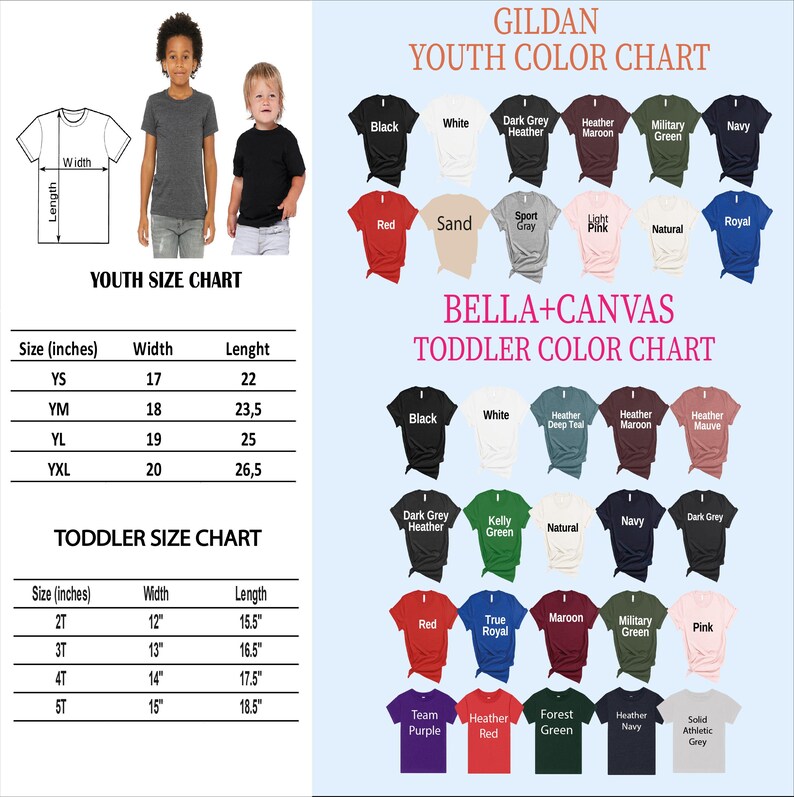 The image is a colorful youth size chart and toddler color chart, providing sizes and color options for various clothing items such as t-shirts, t-shirts, and shirts.