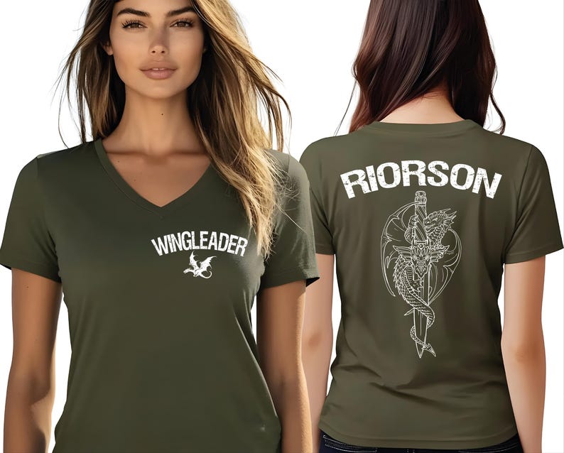 A woman wearing a green t-shirt with the text "WINGLEADER" printed on it, along with a graphic design of a dragon.