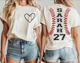 Custom Baseball Mom Shirt, Name and Number Back Print, Stitches Heart Tee