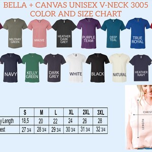 The image is a color and size chart for a collection of t-shirts, including various colors and sizes.