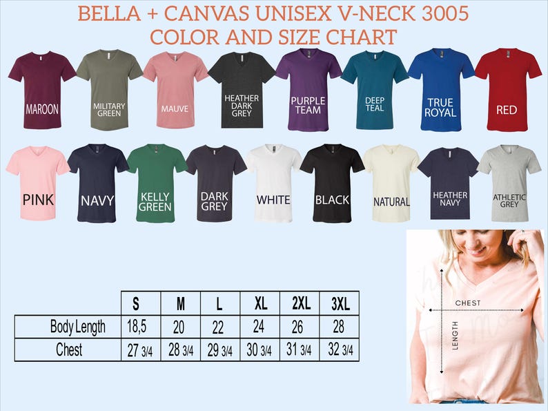 The image is a color and size chart for a collection of t-shirts, including various colors and sizes.