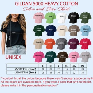 The image is a color and size chart for a heavy cotton t-shirt, featuring a woman wearing a black t-shirt and various t-shirt designs in different colors and sizes.