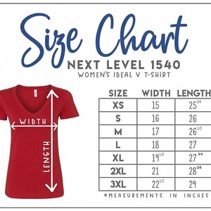 The image is a size chart for a women's ideal v-shirt, showing the measurements for different sizes.