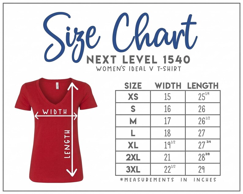 The image is a size chart for a women's ideal v-shirt, showing the measurements for different sizes.