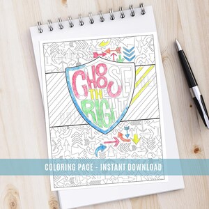 Könnte beinhalten: Eine Schwarzweiß-Malvorlage mit einem Schild, auf dem die Worte "Choose the Right" stehen. Das Schild ist von Pfeilen umgeben, die in verschiedene Richtungen zeigen. Der Text "Coloring Page - Instant Download" befindet sich am unteren Rand der Seite.