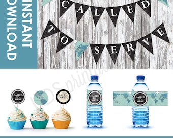 Conjunto de decoración imprimible misionera: pancarta de Llamados a servir, adornos para cupcakes y etiquetas para botellas de agua, perfectos para despedidas o regresos a casa