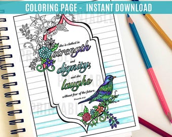 Ella está vestida de fuerza y dignidad Proverbios - Página para colorear imprimible - Versículo bíblico