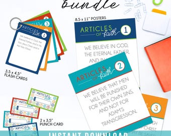 Tarjetas, carteles y paquete de tarjetas perforadas de los Artículos de Fe - Primaria La Iglesia de Jesucristo de los Santos de los Últimos Días
