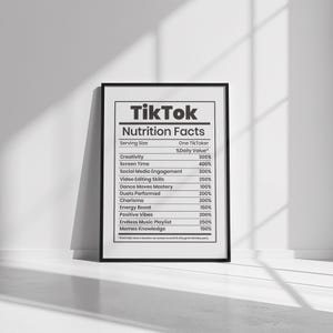 May include: A framed black and white print featuring a parody of a nutrition facts label. The label reads "TikTok Nutrition Facts" and lists various social media-related attributes with corresponding percentage values, such as "Creativity" and "Screen Time."