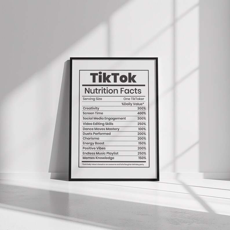 May include: A framed black and white print featuring a parody of a nutrition facts label. The label reads "TikTok Nutrition Facts" and lists various social media-related attributes with corresponding percentage values, such as "Creativity" and "Screen Time."