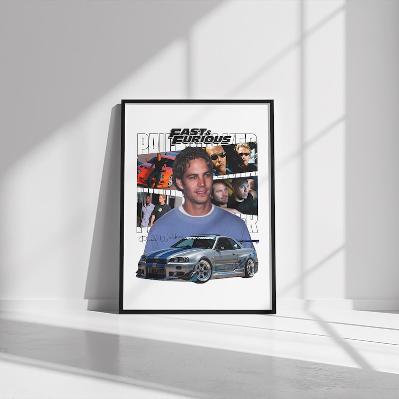 May include: A framed poster featuring Paul Walker from the Fast & Furious film series. The poster includes images of Walker, a silver car, and the film's logo. The background is white with the words "Fast & Furious" and "Paul Walker".