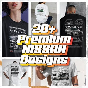Pode incluir: Coleção de camisetas com designs de carros Nissan. As camisetas são em preto e branco, com gráficos dos modelos Skyline, Nissan Z e GT-R Nismo. O texto inclui "Elevate Your Drive" e "20+ Premium Nissan Designs."