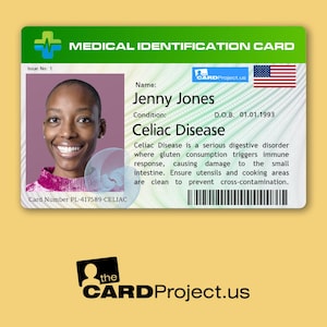 Celiac Disease Medical ID Card for Safe Dining | Personalized Gluten-Free Health Card with American Flag