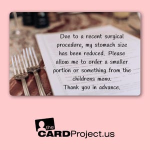 Weight Loss Surgery Menu Request Card for Smaller Portions | Biodegradable, Non-Personalized, Easy Dining Out Solution | Credit Card Size