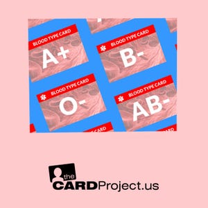 May include: A blue background with red and white blood type cards. The cards show the blood types A+, B-, O-, and AB-. The cards have a red cross symbol and the text "BLOOD TYPE CARD".
