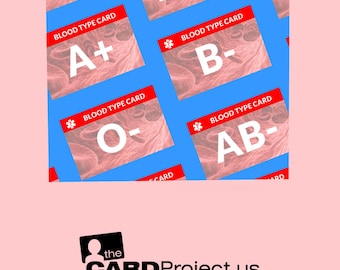 Puede incluir: Un fondo azul con tarjetas de tipo de sangre rojas y blancas. Las tarjetas muestran los tipos de sangre A+, B-, O- y AB-. Las tarjetas tienen un símbolo de cruz roja y el texto "BLOOD TYPE CARD".