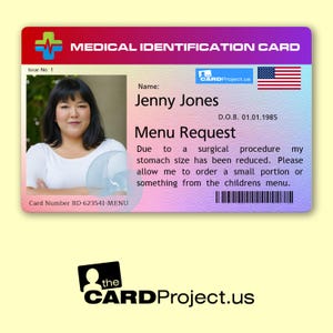 Menu Request Medical ID Card | Weight Loss Reduced Stomach Size Surgery Portion Card | Personalized Small Meal Request | USA