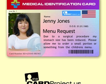 Menu Request Medical ID Card | Weight Loss Reduced Stomach Size Surgery Portion Card | Personalized Small Meal Request | USA