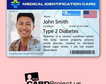 Type 2 Diabetes Medical ID Card with Photo | Emergency Diabetic Alert for First Responders | Personalised Medical Identification Card USA