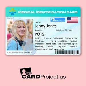 POTS Personalized Medical ID Card | Biodegradable Plastic | Photo, Name, & DOB | Postural Orthostatic Tachycardia Syndrome Awareness