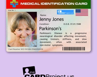 Parkinson's Disease Medical ID Card with Photo & Emergency Info, Biodegradable Plastic Wallet Card, Parkinson's Identification Card USA