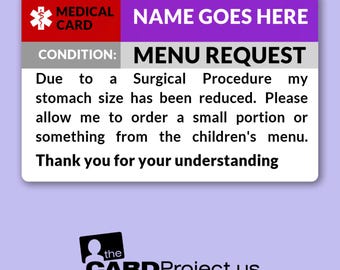 Custom Gastric Surgery Menu Request ID Card | Biodegradable Medical ID for Reduced Food Portions | Small Meal Size Card
