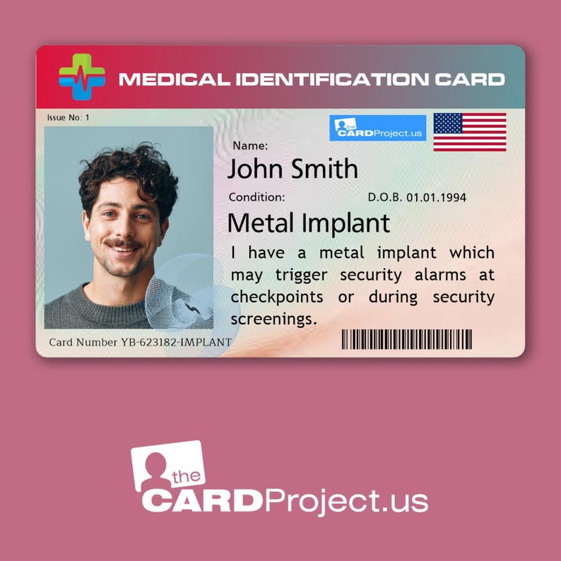 Metal Implant ID Card, Personalized with Photo for TSA Security, Travel, Airport Clearance and Metal Detectors – Biodegradable Plastic bild 1