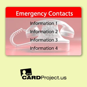Emergency Contact Card with 4 Contact Numbers - Single-Sided Biodegradable Plastic in Red, Purple, Green, Yellow - Credit Card Sized