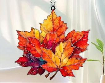 Accrochage de fenêtre en acrylique feuille d'érable d'automne, attrape-soleil rouge, orange et feuille d'or, décoration d'intérieur d'automne rustique, cadeau de saison parfait pour les proches
