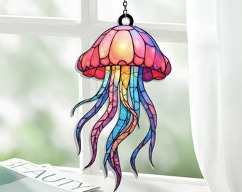 Kwallen acrylraamornament, oceaanraam hangend, decor kusthuis, Sea Life Sun Catcher, kwallen wanddecoratie, cadeau strandliefhebber