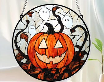 Jack-O’-Lantern Pumpkin Stained Glass Suncatcher, Round Halloween Window Decor, Fun Autumn Spooky Season Gift for Pumpkin Lovers